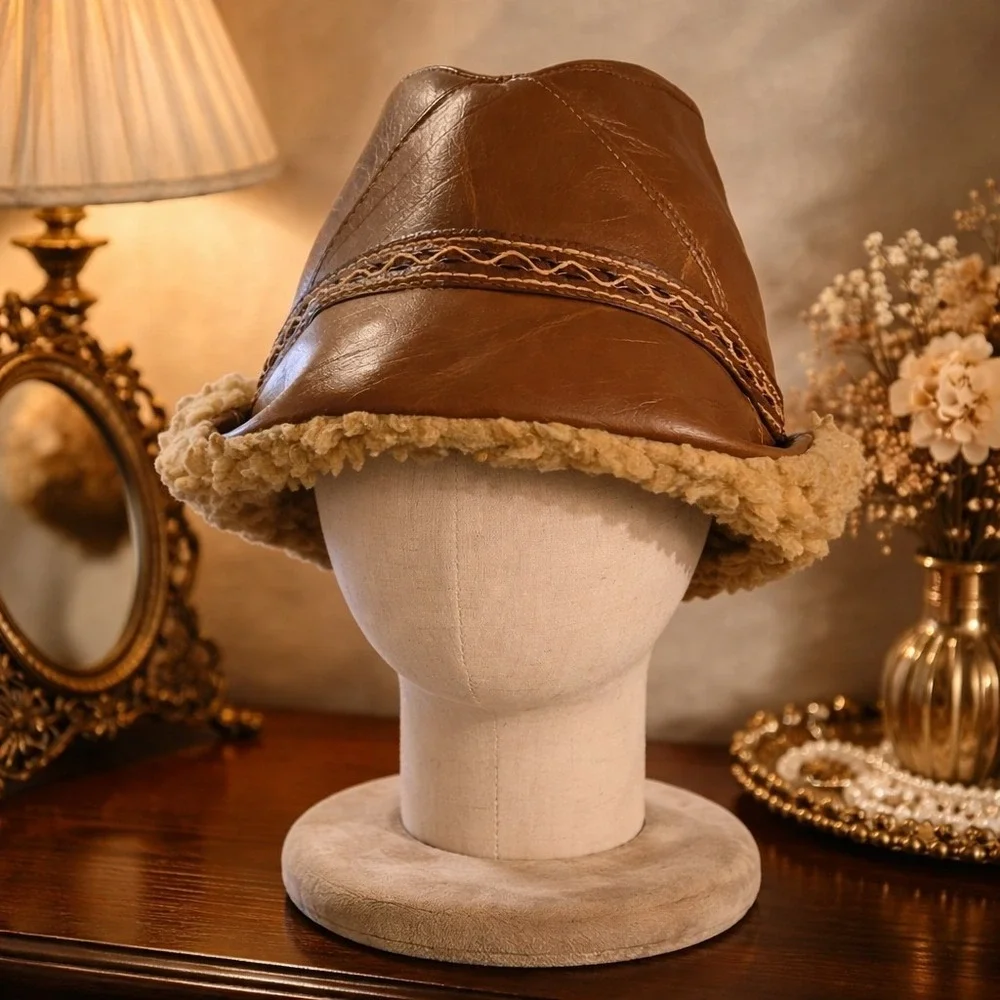 Vintage Fedora Dorfman Pacifica Co Leather Fur Made in USA Sz XL Hat - Picture 3 of 14